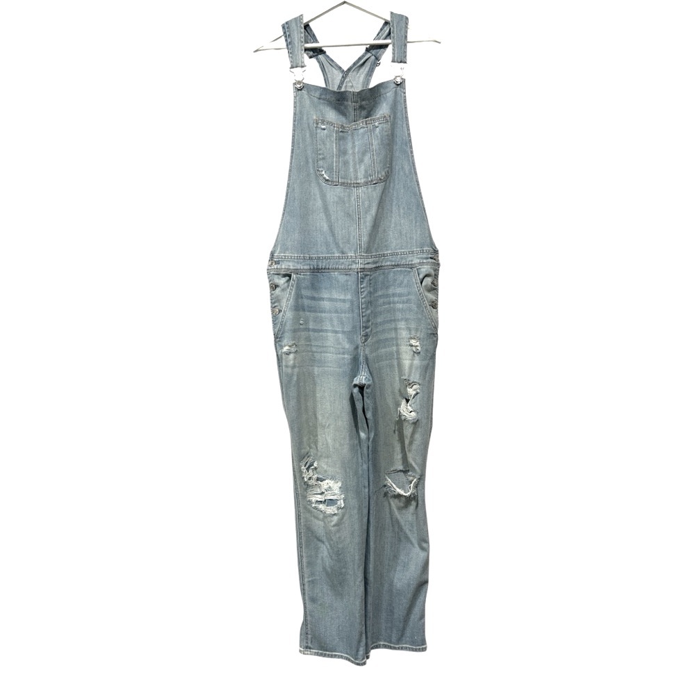 American Eagle Tomgirl Denim Overalls Distressed Light Blue XL - Picture 2 of 12